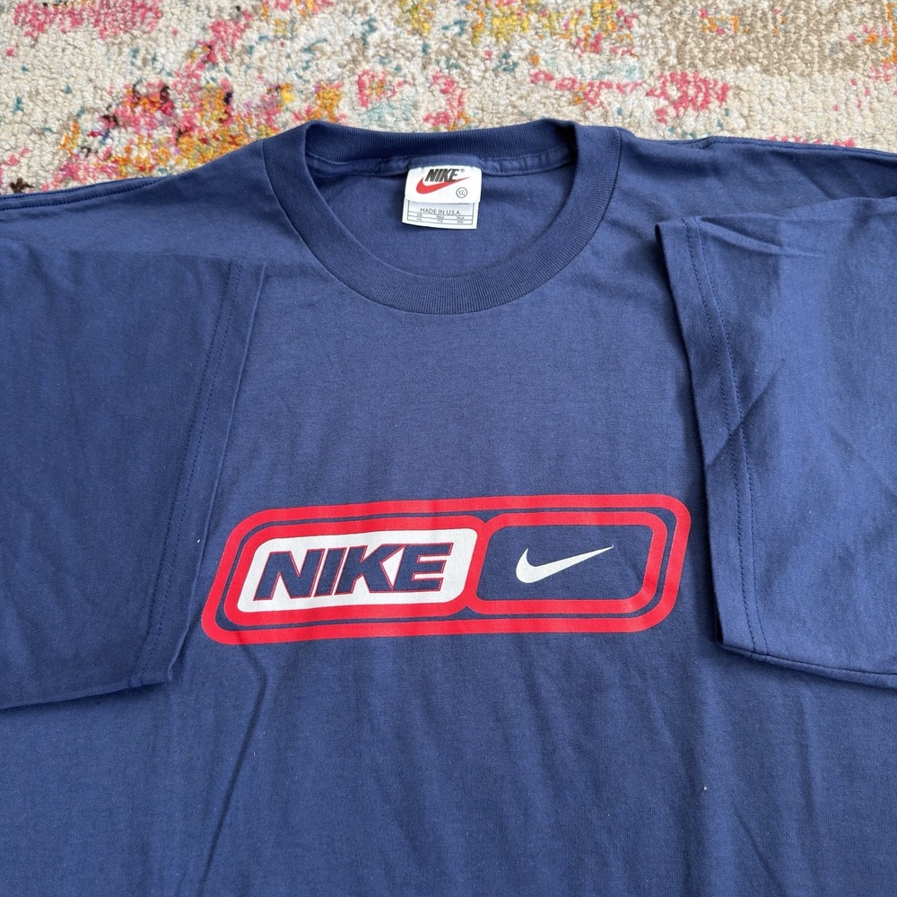 Vintage 90s Nike Spellout Swoosh T-Shirt Navy Blue XXL Made in USA